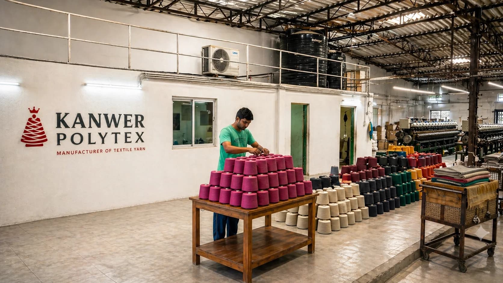 Kanwer Polytex yarn handling area with cones arranged for visual review