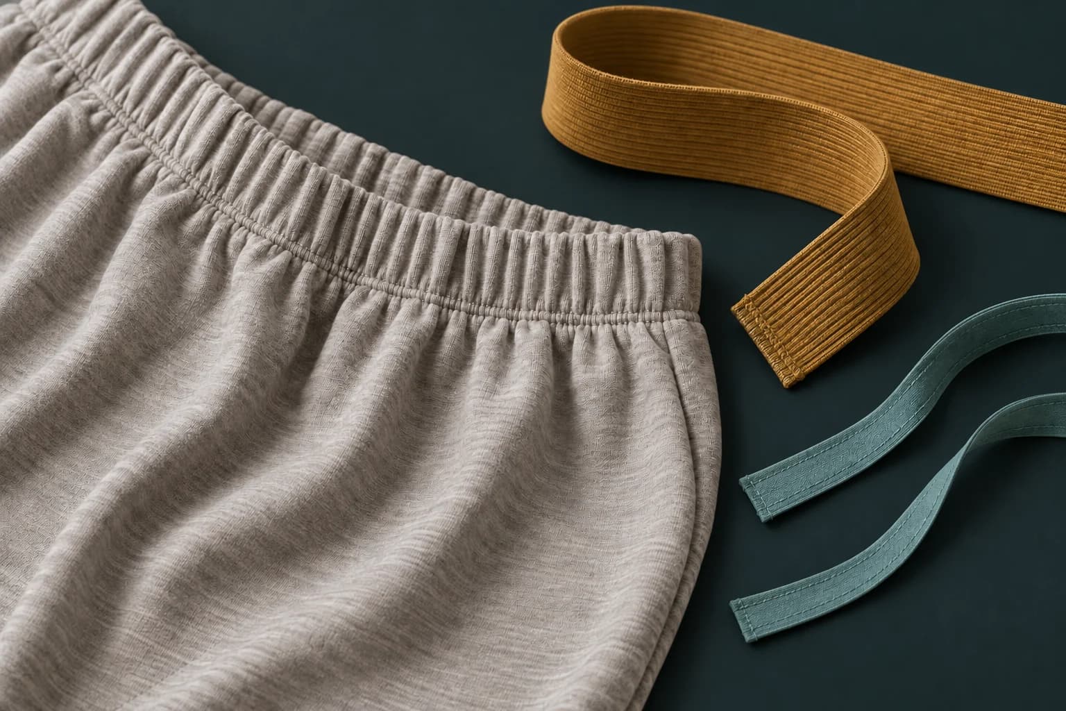 A gathered jersey waistband with ochre ribbed trim and narrow teal binding tape