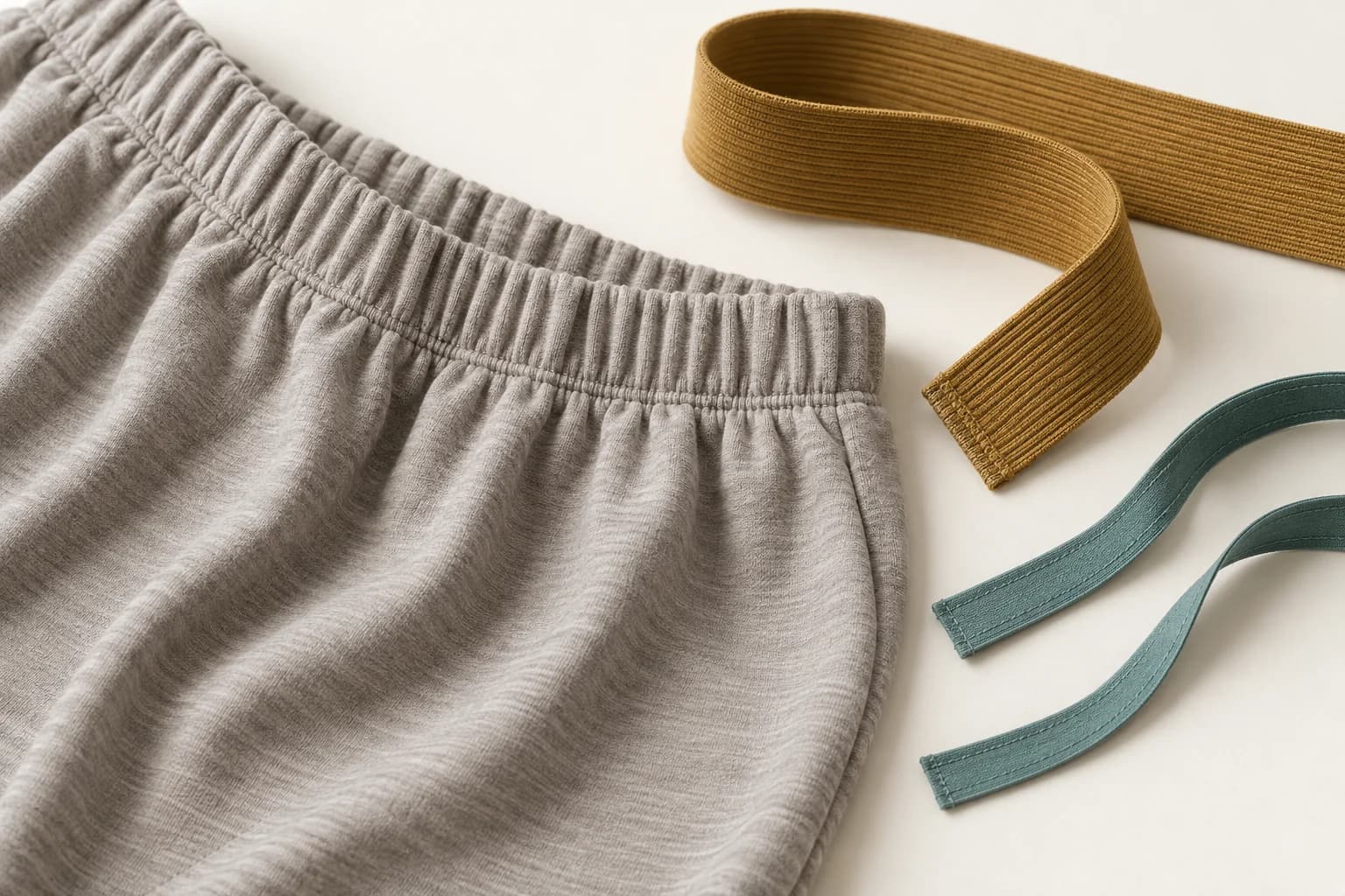 A gathered jersey waistband with ochre ribbed trim and narrow teal binding tape