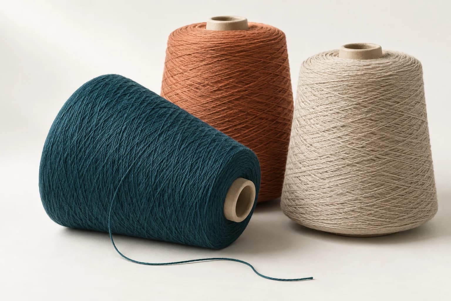 Illustration of teal, terracotta and flax-coloured yarn cones with a loose strand