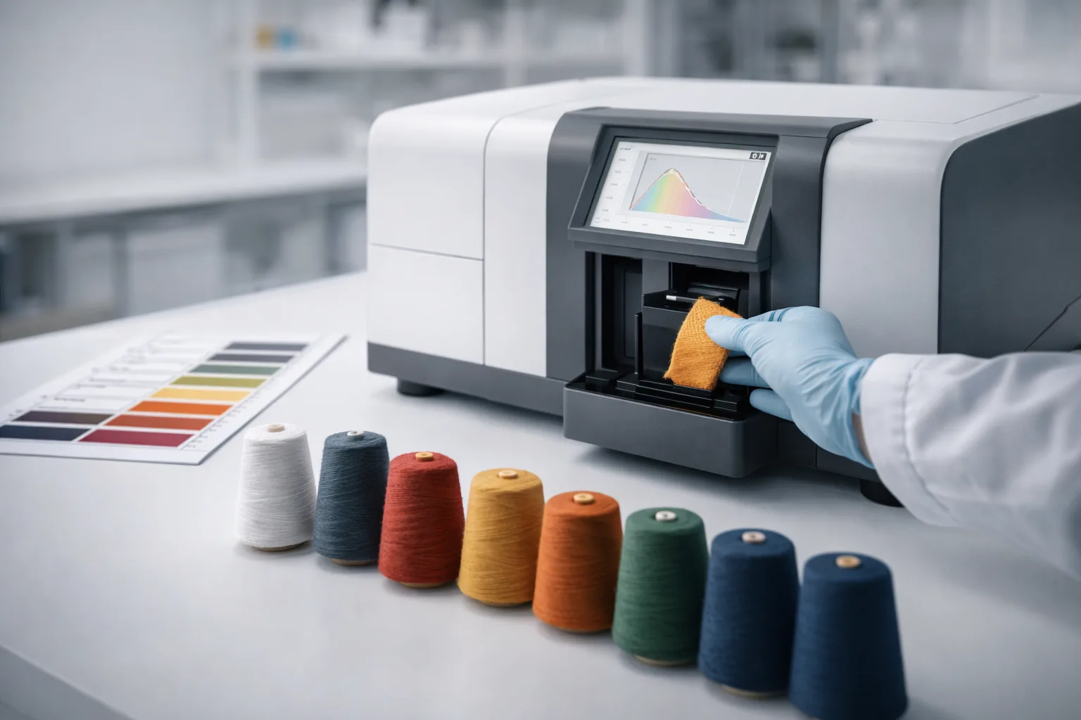 Lab quality control station with spectrophotometer and swatches